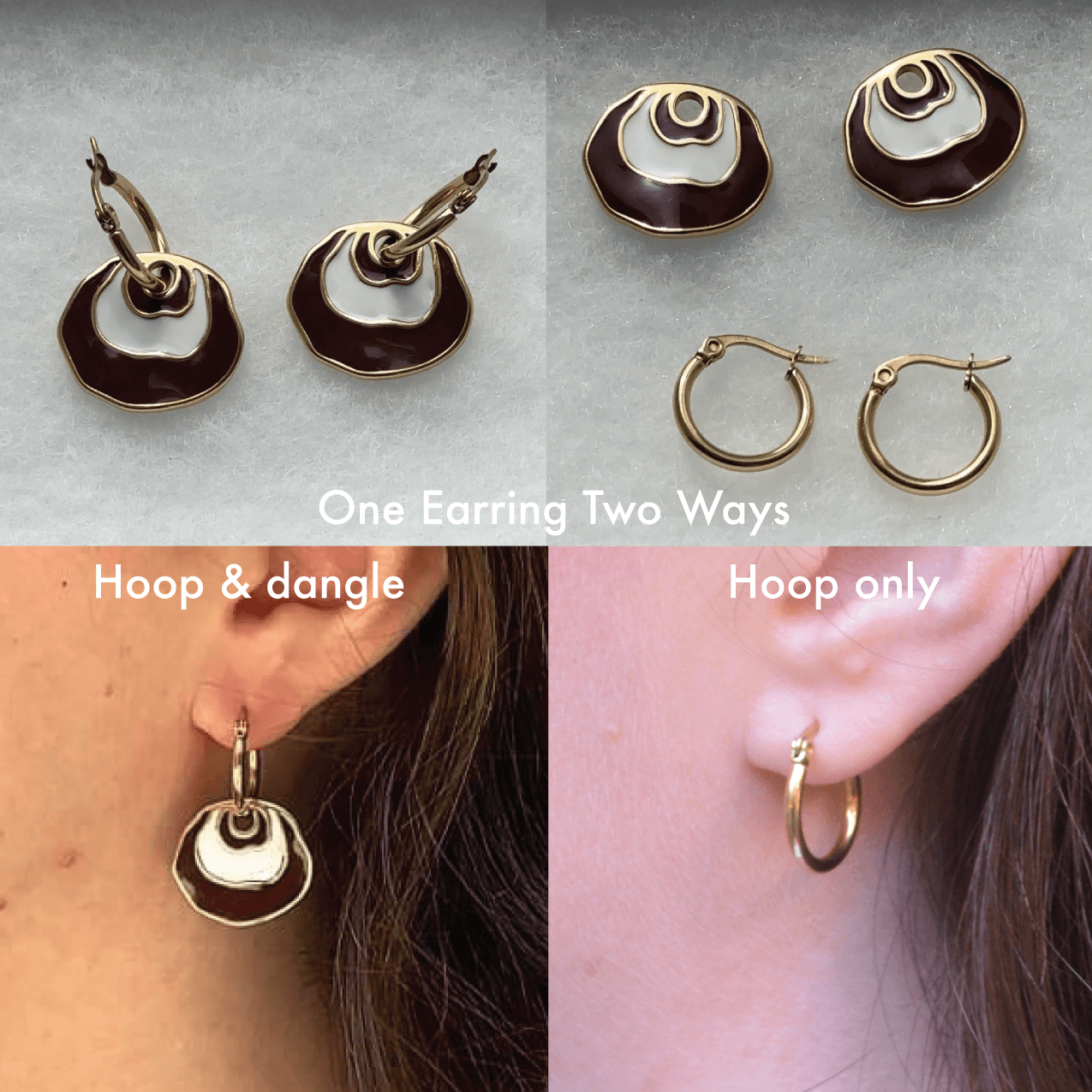 An image showing the Mocha brown Jingle Earring being able to be worn two ways one with the design on a hoop and the other with the hoop alone. It shows the earring with the dangle design on the hoop on an ear and a plain hoop on an ear.