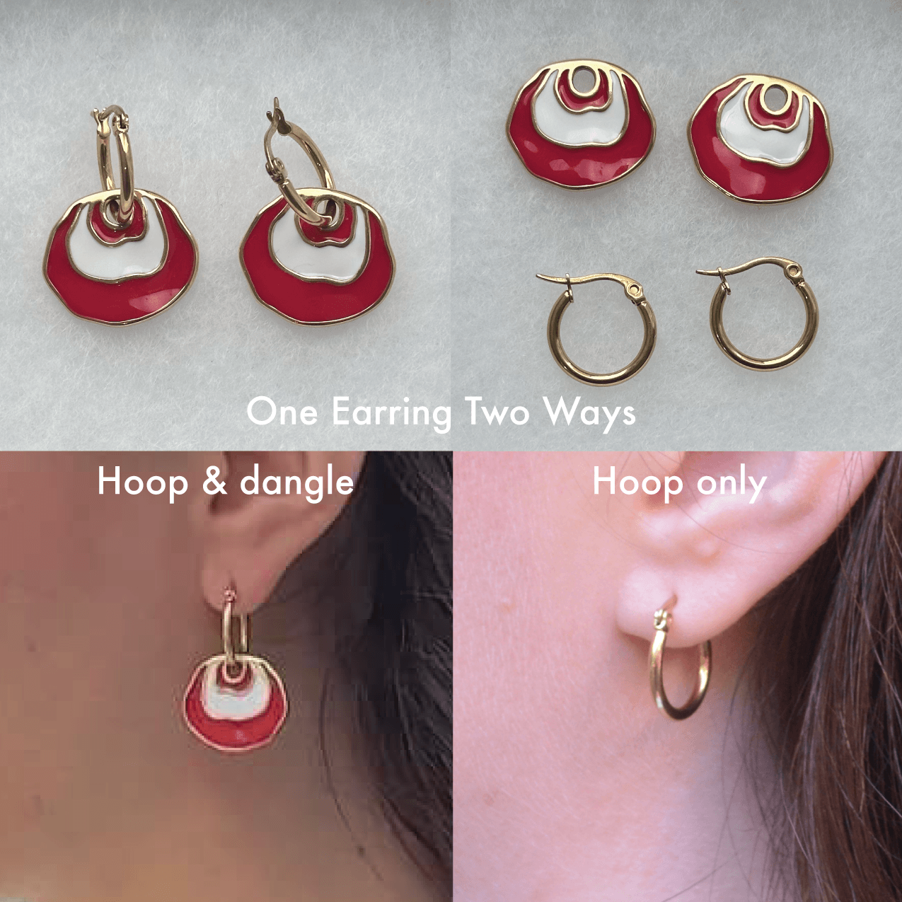 An image showing the Red Jingle Earring being able to be worn two ways one with the design on a hoop and the other with the hoop alone. It shows the earring with the dangle design on the hoop on an ear and a plain hoop on an ear.
