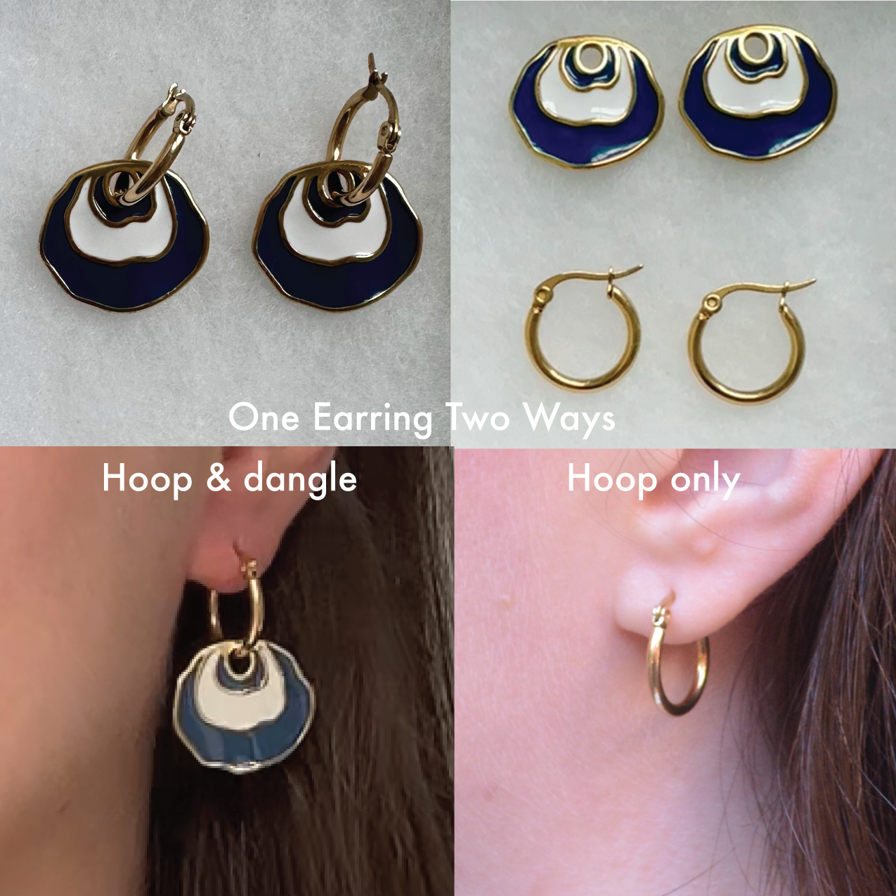 An image showing the Ocean Blue Jingle Earring being able to be worn two ways one with the design on a hoop and the other with the hoop alone. It shows the earring with the dangle design on the hoop on an ear and a plain hoop on an ear.