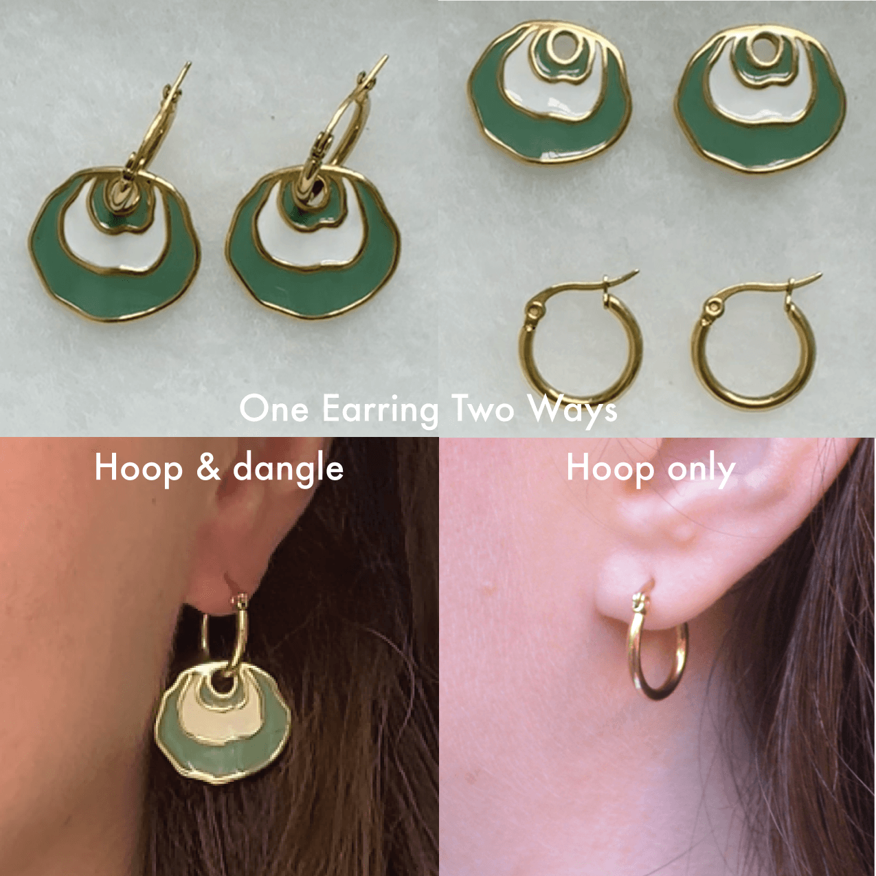 An image showing the Sea foam green Jingle Earring being able to be worn two ways one with the design on a hoop and the other with the hoop alone. It shows the earring with the dangle design on the hoop on an ear and a plain hoop on an ear.