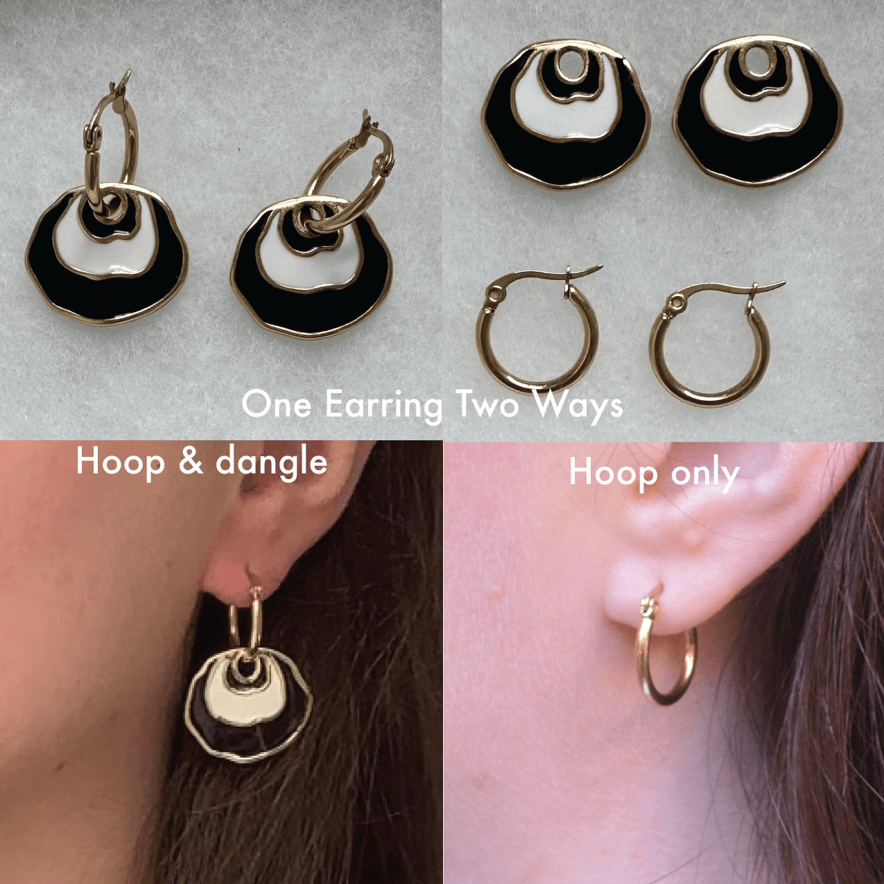An image showing the Black Jingle Earring being able to be worn two ways one with the design on a hoop and the other with the hoop alone. It shows the earring with the dangle design on the hoop on an ear and a plain hoop on an ear.